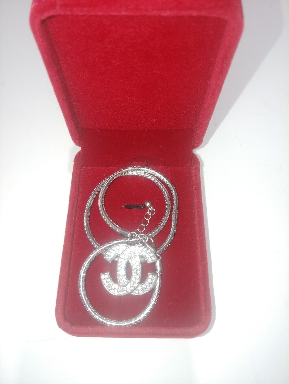 Designer-Inspired Silver Crystal Interlocking Pendant Necklace - Picture 6 of 8
